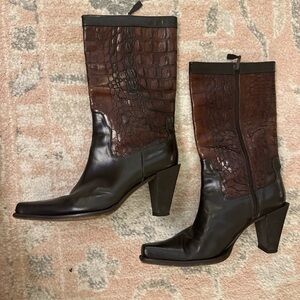 Donald J. Pliner Dark Brown Croc-Embossed Heeled Boots